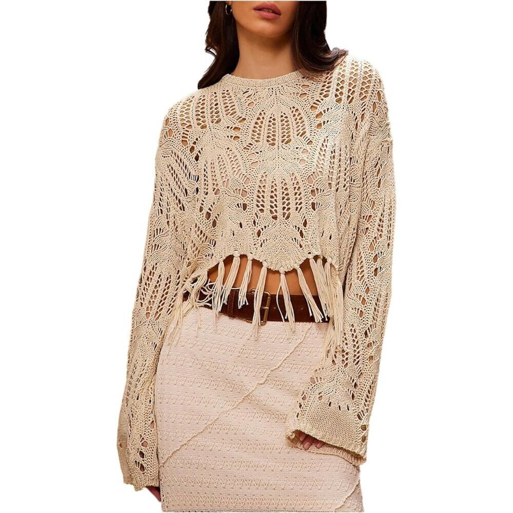 Women's Lightweight Crochet Fringe Sweater Boho Knit Long Sleeve Pullover